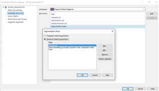 Trados Studio Translation Memory Settings window with Paragraph-based segmentation option selected.