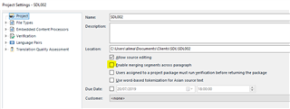 Trados Studio Project Settings window showing options under Translation Quality Assessment. Checkbox for 'Enable merging segments across paragraphs' is checked.