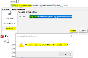 Screenshot of Trados Studio showing an error message 'Unable to insert hyperlink. May not be a valid format' while trying to create a hyperlink to a website in the Manage a Hyperlink window.