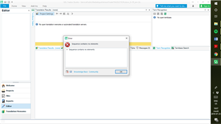 Trados Studio 2019 error message window overlaying the Editor view, displaying 'Sequence contains no elements' with an 'OK' button.