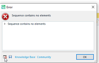 Error dialog box in Trados Studio with a red cross icon, displaying the message 'Sequence contains no elements' twice, with options for Knowledge Base, Community, and OK.