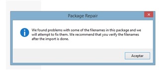Trados Studio Package Repair dialog box with an information icon and message: We found problems with some of the filenames in this package and we will attempt to fix them. We recommend that you verify the filenames after the import is done.