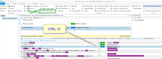 Trados Studio interface showing an error message with the shortcut CTRL+T not functioning properly.