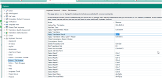 Trados Studio Keyboard Shortcuts settings window displaying a list of commands and their associated shortcuts.