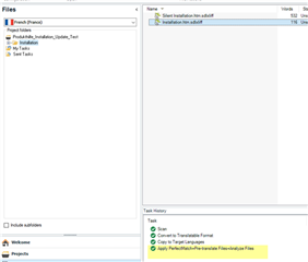 Trados Studio interface displaying the Files view with 'Installation_en.sdlxliff' selected and Task History showing 'Apply PerfectMatch' action completed.