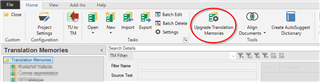 Screenshot of Trados Studio ribbon with 'Upgrade Translation Memories' button highlighted in the 'Home' tab.