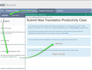 Screenshot of SDL Account support page with options to 'Submit Case' for existing customers or 'Request License Reset' for other issues.