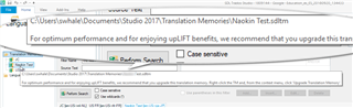 Trados Studio screenshot showing a recommendation to upgrade the translation memory to enjoy upLIFT benefits, with the upgrade option highlighted.