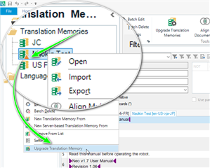 Screenshot of Trados Studio's Translation Memories tab with the 'Upgrade Translation Memories' option available in the dropdown menu.