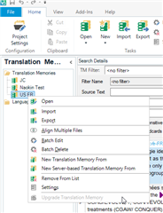 Trados Studio interface displaying the Translation Memories tab with the 'Upgrade Translation Memories' option greyed out, indicating it's not selectable.