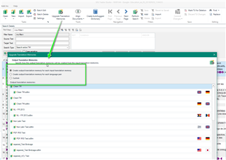 Trados Studio window showing the 'Upgrade Translation Memories' dialog with options to select multiple TMs for detailed tuning.