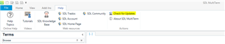 Screenshot of MultiTerm with the Help tab active, showing the 'Check for Updates' button highlighted.