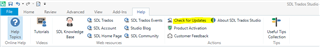 Screenshot of Trados Studio with the Help tab active, showing the 'Check for Updates' button highlighted.
