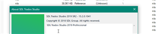 Screenshot of Trados Studio 'About' dialog box showing version SR2 15.2.5.2141.