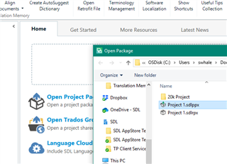 Trados Studio interface with 'Open Package' dialog box showing file path C:UsersyournameDocumentsStudio 2019ProjectsclientXYZ.