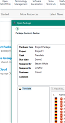Trados Studio 'Open Package' dialog box detailing package type as Project Package, created by Shane Whaite, assigned to JSmith, customer (client).