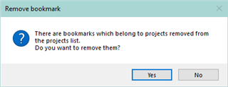 Popup message in Trados Studio titled 'Remove bookmark' with a question mark icon. It reads 'There are bookmarks which belong to projects removed from the projects list. Do you want to remove them?' with 'Yes' and 'No' buttons.