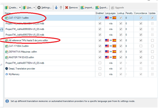 Screenshot of the Project Settings TM configuration page, showing 'CAT-171221-1' listed first and 'All reference TM's...' listed fifth, indicating their priority order.