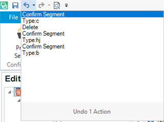 Trados Studio screenshot showing the quick access toolbar dropdown with options: Confirm Segment, Delete, and Type actions. The undo tooltip indicates 'Undo 1 Action'.