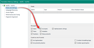Screenshot of Trados Studio Translation Memory Settings showing the acronym recognition option being turned off.