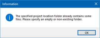 Information dialog box in Trados Studio with a message: The specified project location folder already contains some files. Please specify an empty or non-existing folder.