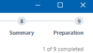 Trados Studio New Project wizard showing steps 8 Summary and 9 Preparation with '1 of 9 completed' at the bottom.