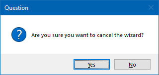 Question dialog box in Trados Studio asking: Are you sure you want to cancel the wizard? with Yes and No options.