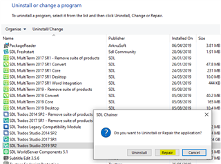 Windows 'Uninstall or change a program' screen with a list of programs. 'SDL Trados Studio 2019 SR2' is highlighted and an 'UninstallChange' option is visible above.