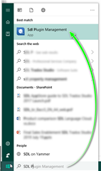 Screenshot showing the search bar with 'SDL Plugin Management' typed in and the SDL Plugin Management tool highlighted in the search results.