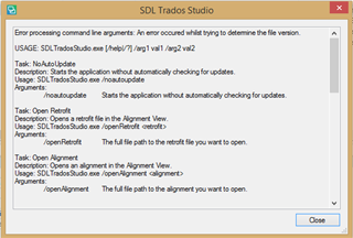 Error message in SDL Trados Studio stating 'Error processing command line arguments: An error occurred while trying to determine the file version.' with a list of usage tasks and their descriptions.