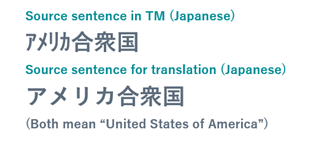Screenshot showing source sentence in Translation Memory (TM) and source sentence for translation in Japanese, both meaning 'United States of America'.