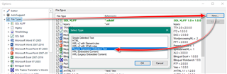 Trados Studio screenshot showing the 'File Types' options window with a red arrow pointing to the 'New' button.