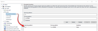 Screenshot of Trados Studio 'Document Structure' settings with a red arrow indicating the 'Opening pattern' and 'Closing pattern' input fields.