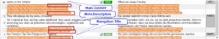 Screenshot of Trados Studio Editor view showing XML file structure with orange bars indicating Main Content, Meta Description, and Navigation Title fields.