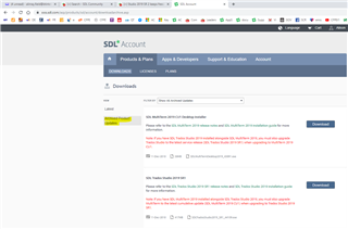 Screenshot of Trados Studio downloads page with 'Archived Product Updates' highlighted and two top listed items labeled 'SR1 CU9 - Trados Studio 2021 SR1' and 'SR1 - Trados Studio 2021 SR1' available for download.