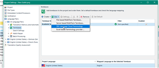 Trados Studio project settings window showing Language Cloud termbase selected with settings option available.