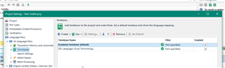 Trados Studio project settings window with file based termbase selected and settings option greyed out.