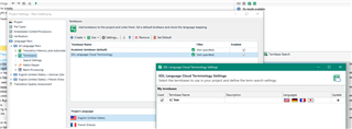 Trados Studio termbase settings window with Language Cloud termbase selected and mapping language as English.