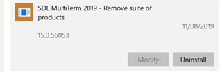Screenshot of SDL MultiTerm 2019 - Remove suite of products with version 15.0.56053 and an uninstall button.