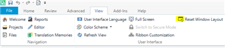 Trados Studio screenshot showing the View tab with options including 'Reset Window Layout' and 'Color Scheme'.