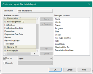 Trados Studio Customize Layout dialog box showing available and displayed columns for file details layout. Options include File Assignment, Finalisation Due Date, and Translation Due Date.