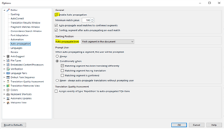Trados Studio Options dialog box with Auto-propagation section highlighted. The top checkbox for 'Enable auto-propagation' is checked. Other options for auto-propagation behavior are also shown with various checkboxes.