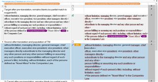 Screenshot of Trados Studio showing a side-by-side comparison of source and target text with a 98% match highlighted, despite line break differences.