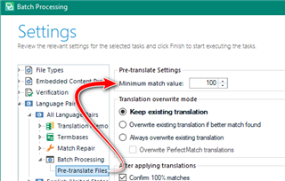Screenshot of Trados Studio batch processing settings with an arrow pointing to 'Minimum match value' set to 100% in the 'Pre-translate Settings' section.