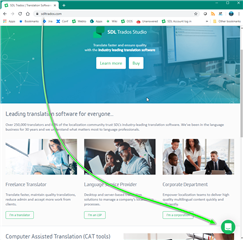 Homepage of SDL Trados Studio website with navigation tabs, promotional images, and information about translation software features.