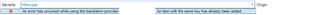 Screenshot of a message window with an error message partially visible, indicating an issue with the translation provider.