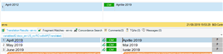 Screenshot of Trados Studio showing a pretranslated file with status indicators. Green checkmarks indicate completed translation for April 2019, May 2019, and June 2019.