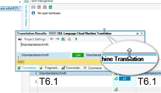 Trados Studio screenshot showing an overlapped text issue in the Translation Results window with the phrase 'Machine Translation' cut off.
