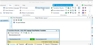 Trados Studio interface with the View menu expanded showing the 'Reset Window Layout' option highlighted.