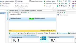 Trados Studio screenshot displaying the Translation Results window with no visible errors after resetting the window layout.